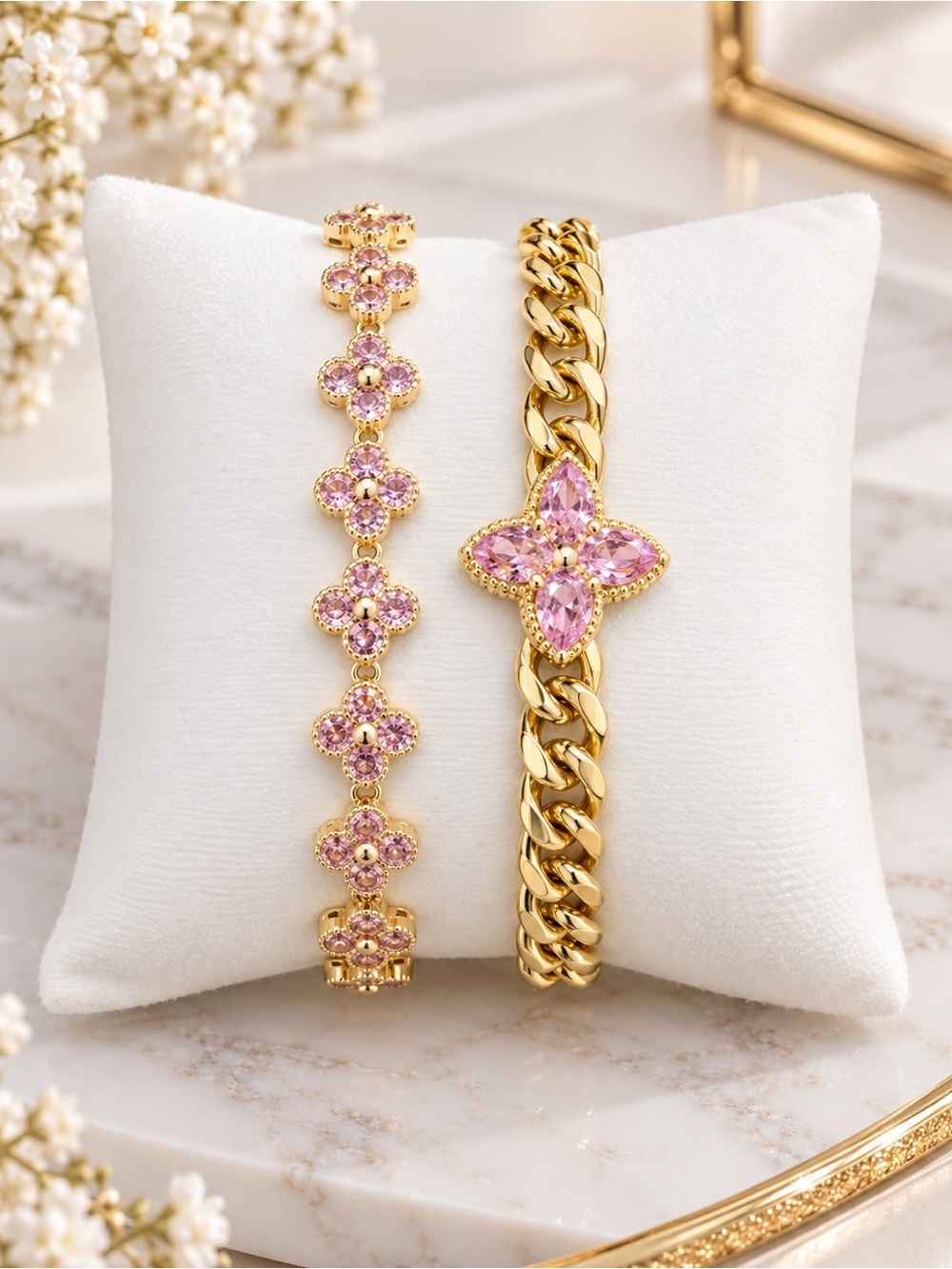14K Gold Plated Bracelet Set with Pink Crystal Accents